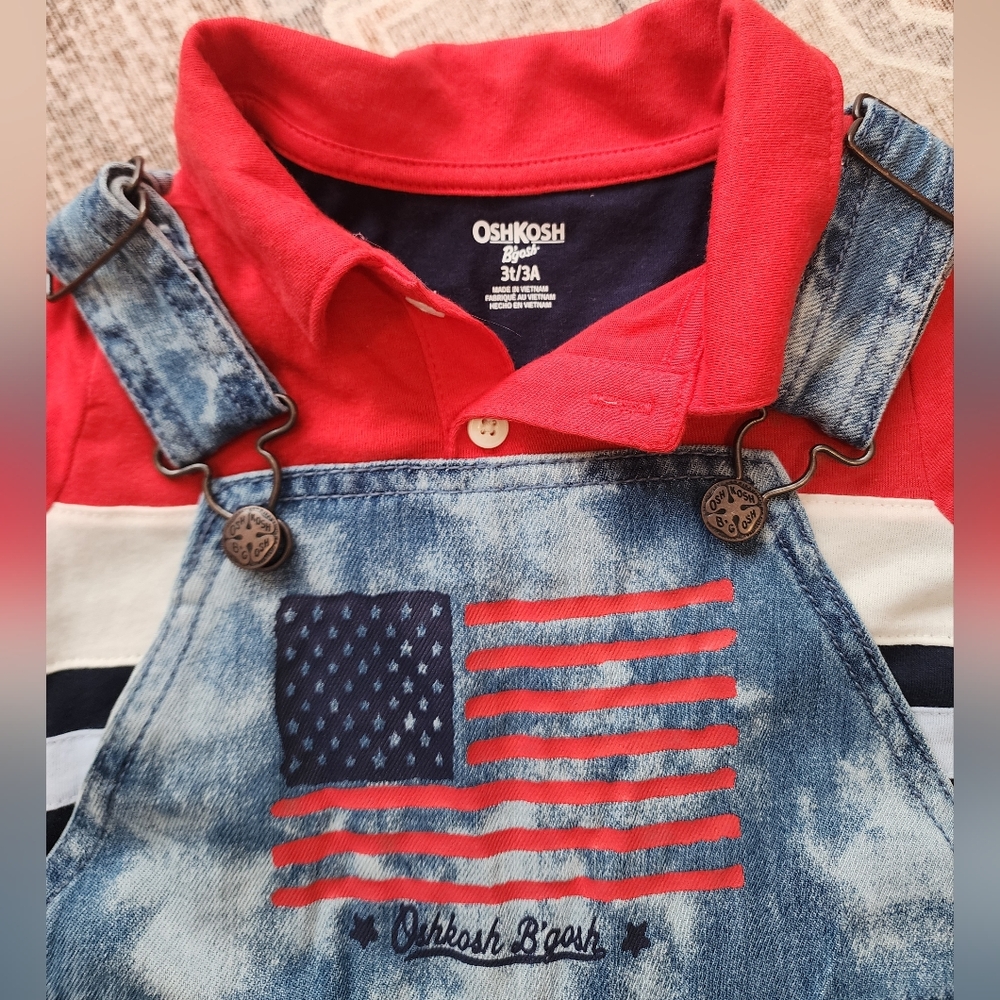 OshKosh B'gosh Blue Denim Overalls with Red Top - Picture 3 of 4